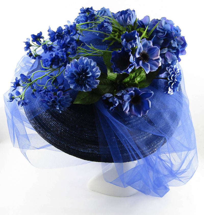 Raffia Sewn Straw and Tulle Hat in Royal Blue