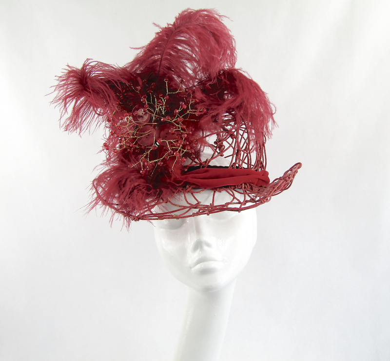 Red Wired Top Hat with Ostrich Feather Trim