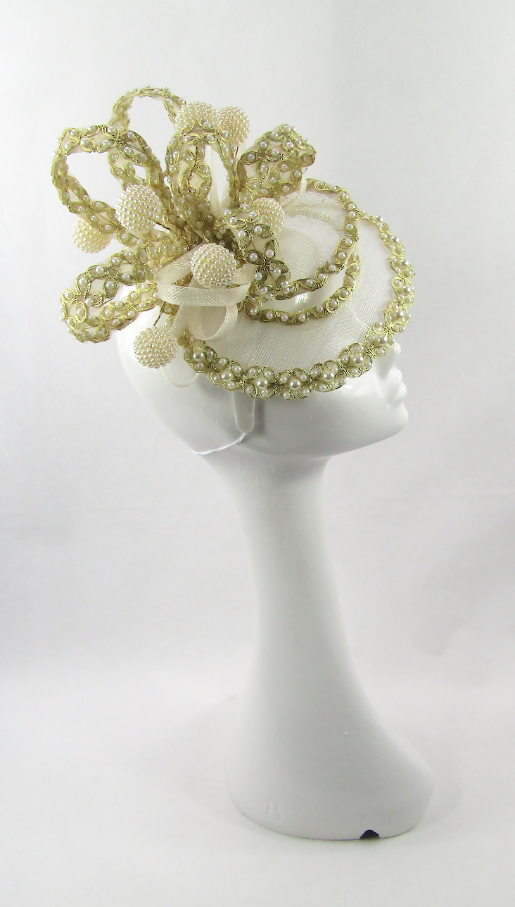 Ivory Sinamay Fascinator with Pearl & Gold Trim for Weddings, Races, Special Occasions, Royal Garden Party