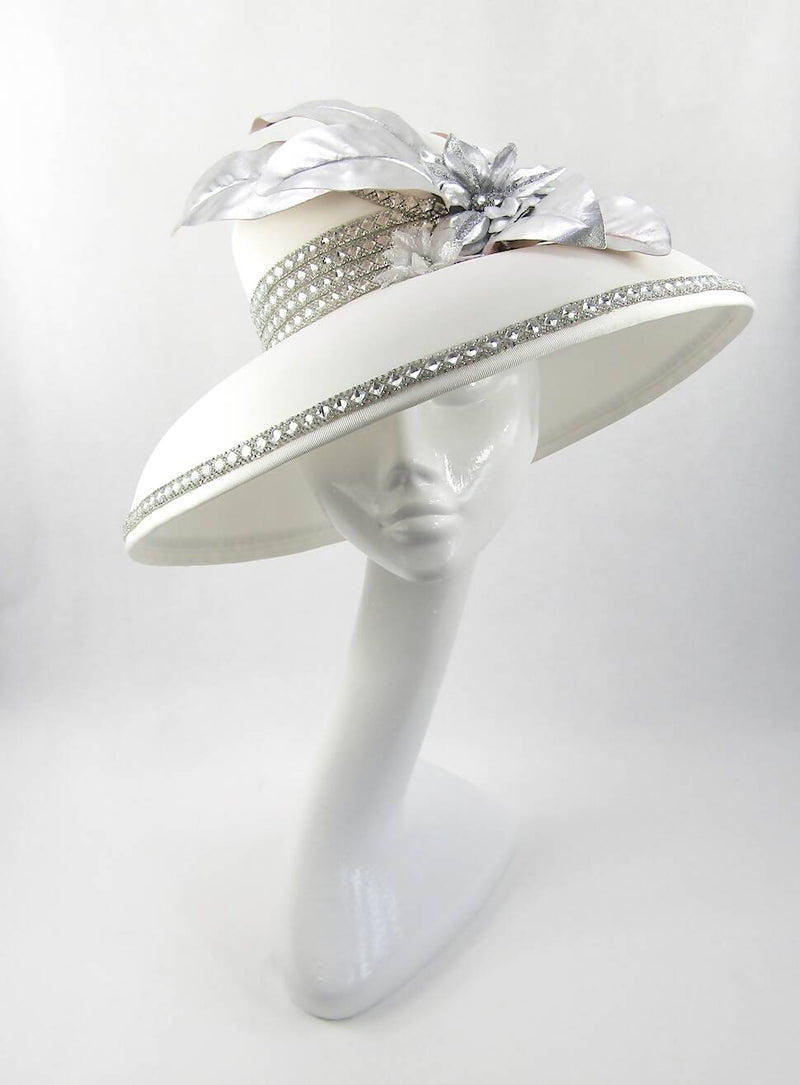 Ivory Down Brim Hat with Crystal & Flower Trim