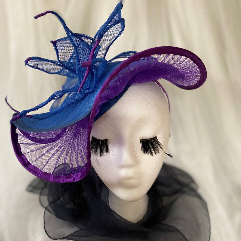 Fanciful bright blue + purple fascinator with flattering sweeping brim, special occasion statement hat: race day, Easter, Fashion "Blue Flame Lily Gal"