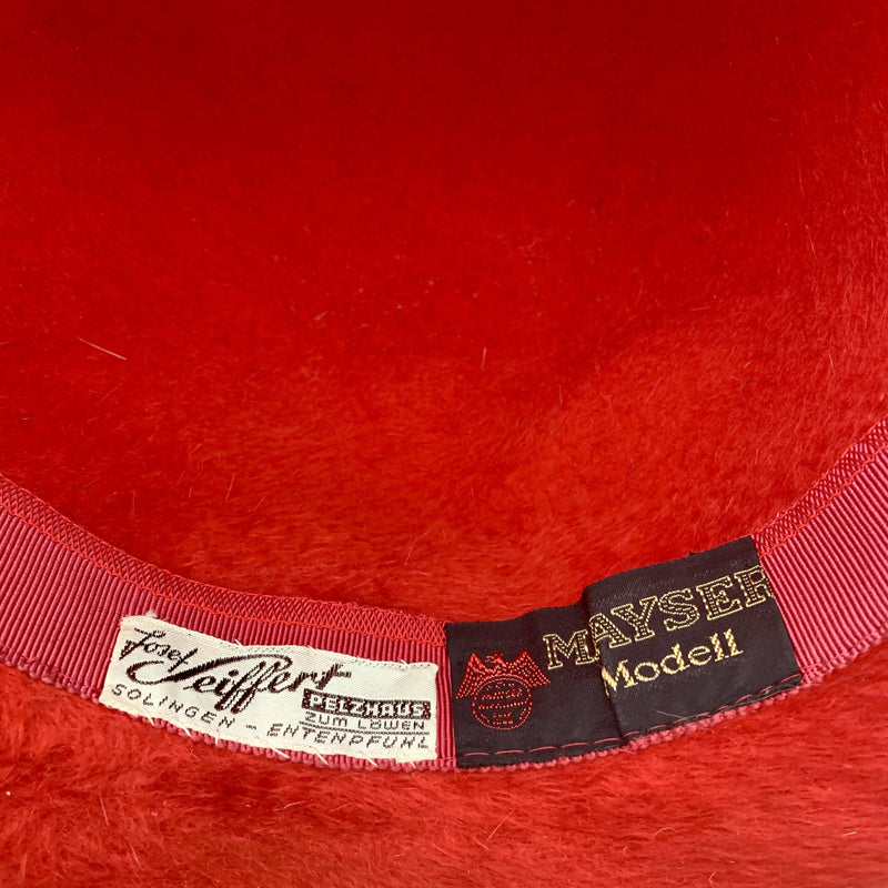 Vintage red velvet rabbit fur fedora hat with black ribbon