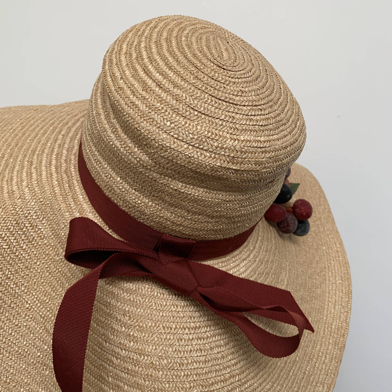Vintage oversized large brim straw hat with fruits detail