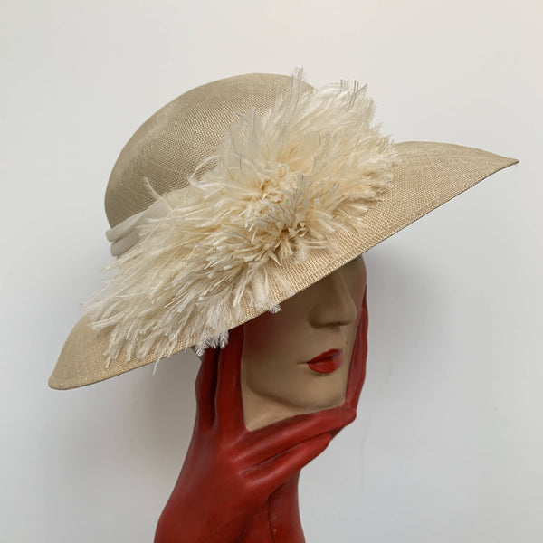 Vintage straw sun hat with natural fur feather and ribbon
