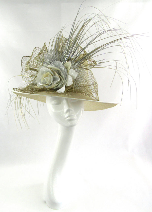 Ivory and Silver Sinamay Trilby Hat
