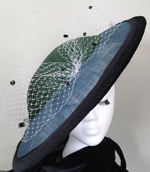 Emerald green + sapphire blue large statement fascinator with black velvet trim: race day, Easter or special occasion hat, hatinator "AUDREY"