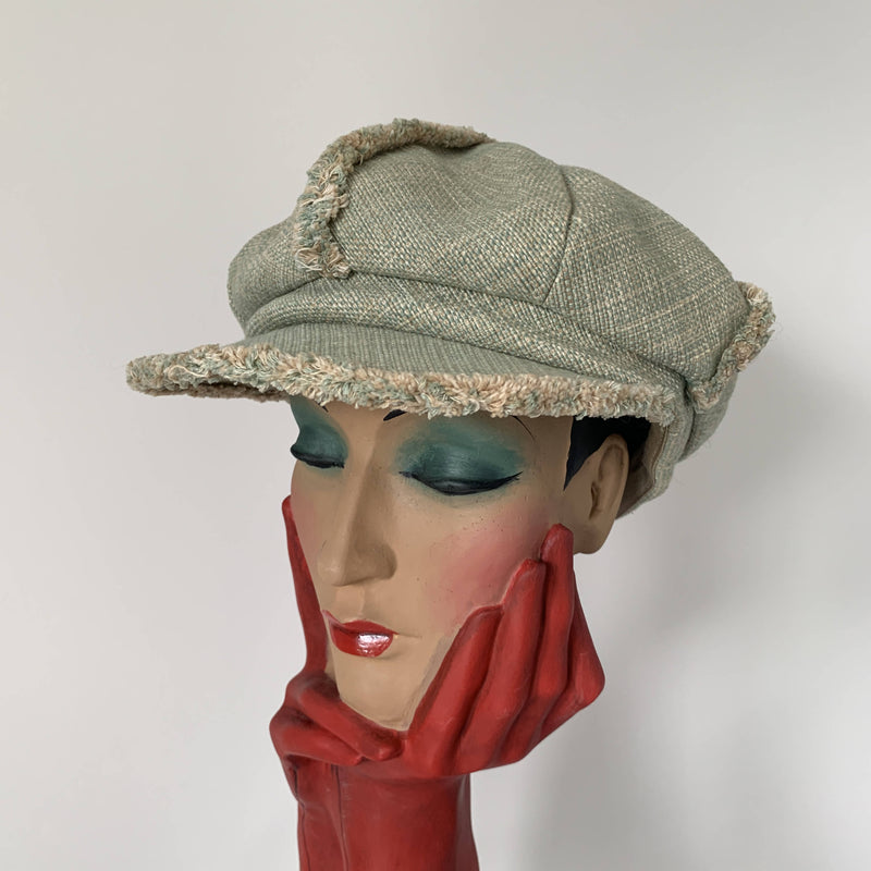 Vintage Miss Jones mint green baker boy hat in Channel tweed trimmed wool by Stephen Jones made in England