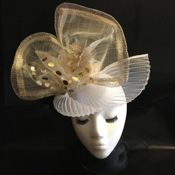 Ebony- Ivory &Gold retailer pleated fascinator, royal ascot fascinator, weddings