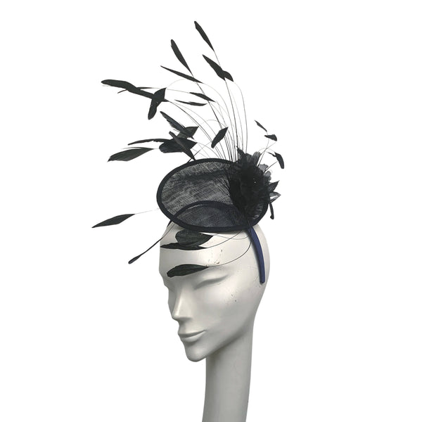 ALICIA BLACK FASCINATOR WITH LEAVES